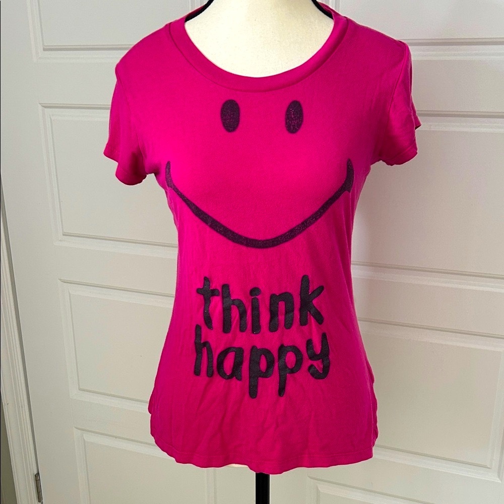 Fame & Fortune Vintage Smiley Face Pink Think Happy FittedWomen's Tee Shirt Sz M